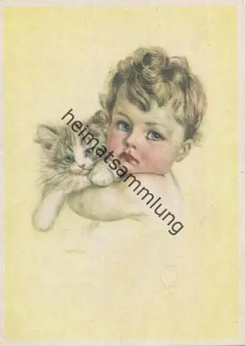 Kleinkind mit Katze - Künstlerkarte - AK Großformat 50er Jahre - Verlag Carl Warnecke Halle