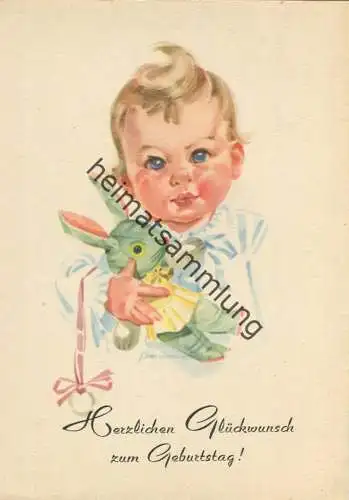 Kleinkind mit Spielzeug-Hase - Künstlerkarte signiert F. Hausmann - AK Großformat 50er Jahre - Kunstverlag Erhard Bunkow