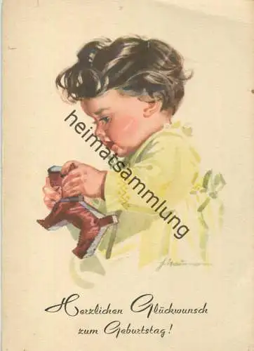 Kleinkind mit Spielzeug-Hund - Künstlerkarte signiert F. Hausmann - AK Großformat 50er Jahre - Kunstverlag Erhard Bunkow