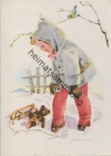 Kind im Schnee mit Spielzeug-Bären und Schlitten - Künstlerkarte signiert F. Hausmann - AK Großformat 50er Jahre - Kunst