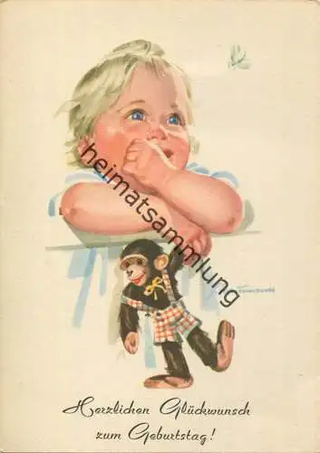 Kleinkind mit Spielzeug-Affe - Künstlerkarte signiert F. Hausmann - AK Großformat 50er Jahre - Kunstverlag Erhard Bunkow