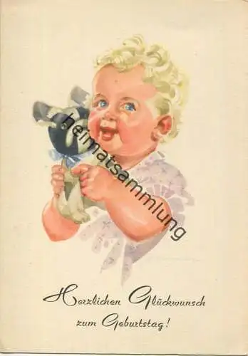 Kleinkind mit Spielzeug-Hund - Künstlerkarte signiert F. AK Großformat 50er Jahre - Kunstverlag Erhard Bunkowsky Dresden