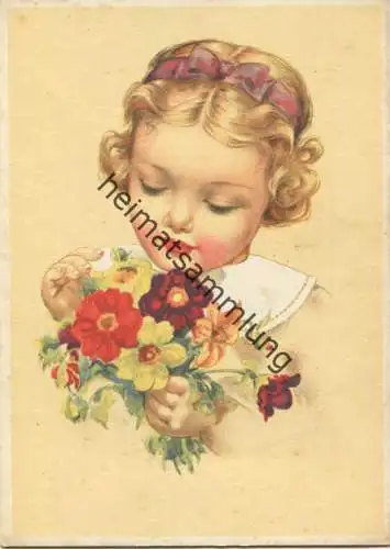 Mädchen mit Schleife im Haar und Blumen - Künstlerkarte 313/1 - AK Grossformat 50er Jahre