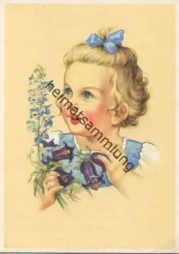 Mädchen mit Schleife im Haar und Blumen - Künstlerkarte 313/4 - AK Grossformat 50er Jahre - Rückseite beschrieben