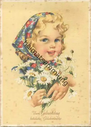 Mädchen mit Kopftuch und Blumen - Künstlerkarte signiert Klinge 311/4 - AK Grossformat 50er Jahre