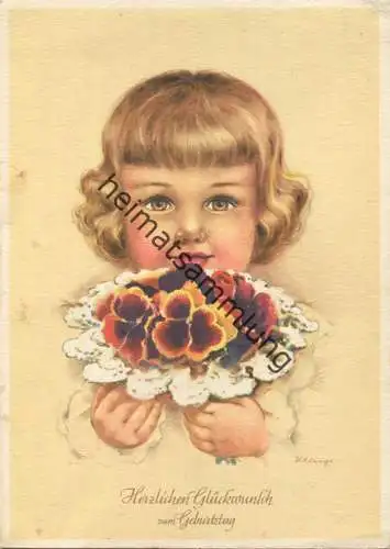 Kind mit Blumenstrauss - Künstlerkarte signiert Klinge 312/4 - AK Grossformat - gel. 1956