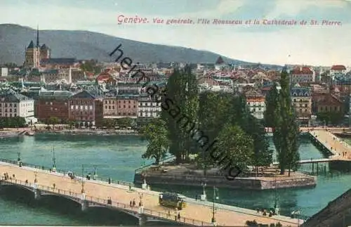 Genève - Vue generale - L' Ile Rousseau et la Cathedrale de St. Pierre