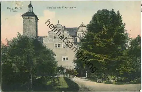 Burg Ranis - Burghof mit Eingangstor - Verlag Fritz E. Müller Pössneck - Bahnpoststempel Leipzig-Saalfeld Zug 370