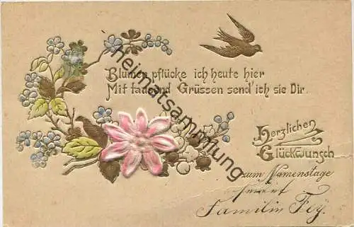Glückwunsch zum Namenstag - Prägedruck - Stoffblume gel. 1904