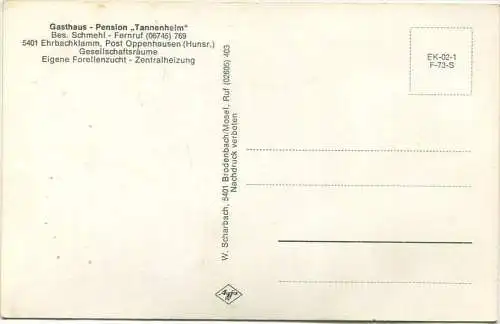 Oppenhausen - Ehrbachkamm - Gasthaus Pension Tannenheim Besitzer Schmehl - Verlag W. Scharbach Brodenbach - Foto-AK