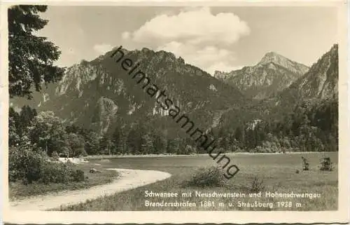 Schwansee mit Neuschwanstein und Hohenschwangau - Branderschrofen und Straußberg - Foto-AK 50er Jahre
