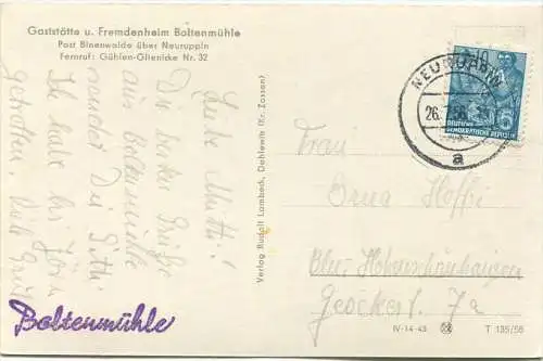 Ruppiner Schweiz - Boltenmühle - Post Binenwalde über Neuruppin - Foto-AK - Verlag Rudolf Lambeck Dahlewitz gel. 1956