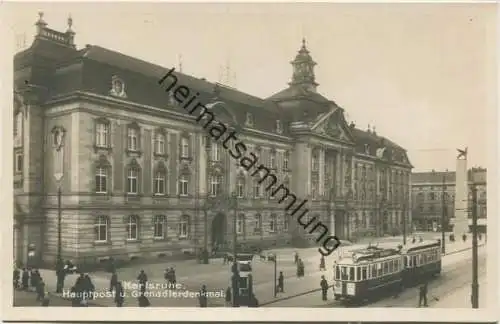 Karlsruhe - Hauptpost und Grenadierdenkmal - Foto-AK 30er Jahre