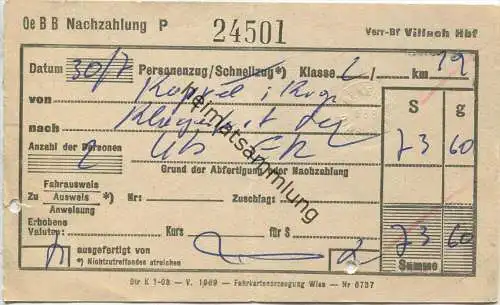 Österreich - OeBB Nachzahlung - Personenzug von Kappel am Krappfeld nach Klagenfurt 2 Personen 73S 60g 1969