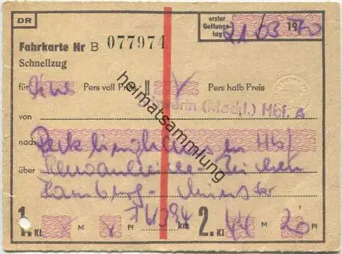 DR Fahrkarte für eine Person von Schwerin (Meckl) Hbf. nach Recklinghausen Hbf 2.Kl 44M 20Pf 1970