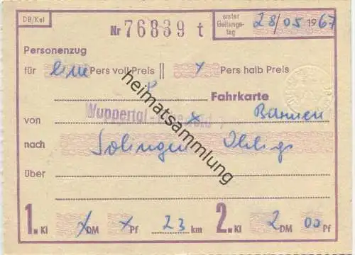 DB Fahrkarte für eine Person von Wuppertal-Barmen nach Solingen Ohligs 2.Kl 1967