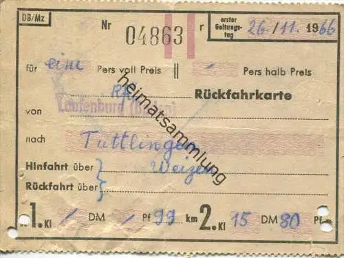 Deutschland - DB Rückfahrkarte für eine Person von Laufenburg (Baden) nach Tuttlingen über Weizen 2. Kl 1966