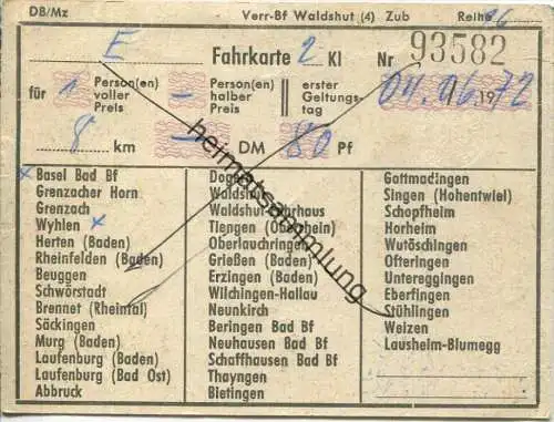 DB Fahrkarte 2. Kl für 1 Person von Basel Bad Bf nach Wyhlen 1972