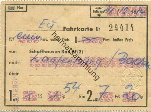 DB Fahrkarte für eine Person von Schaffhausen Bad Bf nach Laufenburg / Baden 2. Kl. 7FrS 20Rp 1974