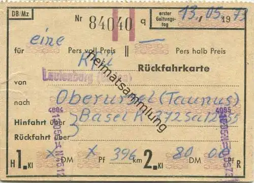 Deutschland - DB Rückfahrkarte für eine Person von Laufenburg (Baden) nach Oberursel (Taunus) 2. Kl 1973