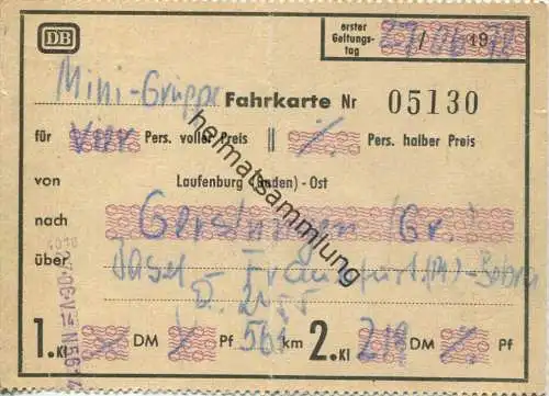 DB-Mini-Gruppe Fahrschein für 4 Personen von Laufenburg (Baden) - Ost nach Gerstungen über Basel Frankfurt Bebra 2. Kl 1