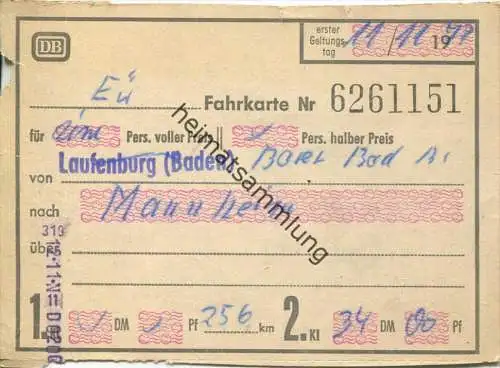 DB-Fahrkarte 1971 für eine Person von Basel Bad Bf nach Mannheim 2. Kl.
