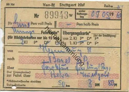 Umweg-Fahrkarte 1960 für eine Person 2. Kl. von Hamburg Hb. nach Basel Bad Bf. über Frankfurt Freiburg (Breisgau) Umweg