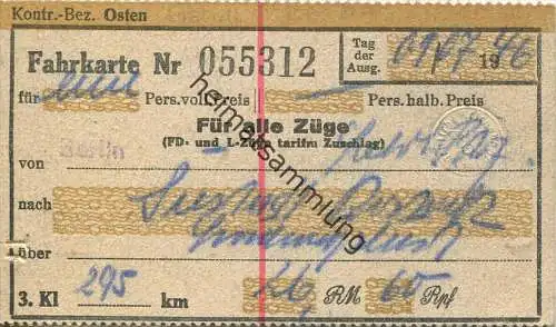 Fahrkarte für alle Züge von Berlin - Südstadt-Rostock über Ludwigslust 1946 3. Kl. 26RM 60 Rpf.