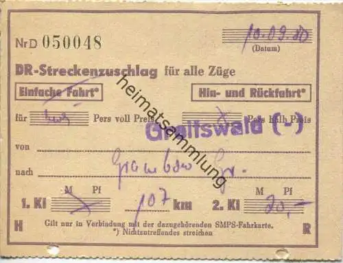 DR-Streckenzuschlag für alle Züge - Fahrkarte 1980 von Greifswald nach Grabow 2. Kl. 20.-M