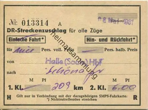 DR-Streckenzuschlag für alle Züge - Fahrkarte 1981 von Halle (Saale) Hbf nach Schöna 2. Kl. 6M 00Pf