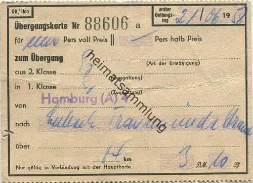 Übergangskarte aus 2. Klasse in 1. Klasse von Hamburg nach Lübeck Travemünde Strand - Fahrkarte 1958 3 DM 10 Pf