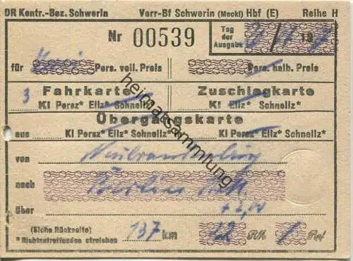 DR Fahrkarte 3. Kl von Neubrandenburg nach Berlin Stadtb - Fahrkarte zwei Personen 1937 44,00 RM