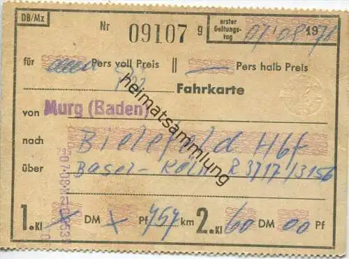 Fahrkarte von Murg (Baden) nach Bielefeld Hbf über Basel Köln 2. Kl 1971