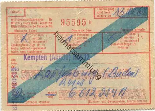 Deutschland - Militärdienstfahrkarte - 1967 Schnellzug  von Kempten nach Laufenburg (Baden) 2. Kl