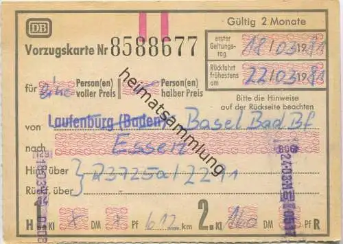 Vorzugskarte - von Basel Bad Bf nach Essen - 2. Kl DB 1981