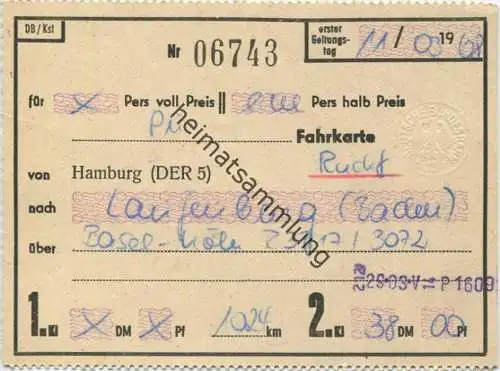 Fahrkarte (Rückf) von Hamburg nach Laufenburg über Basel-Köln - 2. Kl - DB 1968