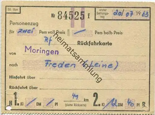 Deutschland - Rückfahrkarte für 2 Personen von Moringen nach Freden (Leine) - 2. Kl - DB 1963