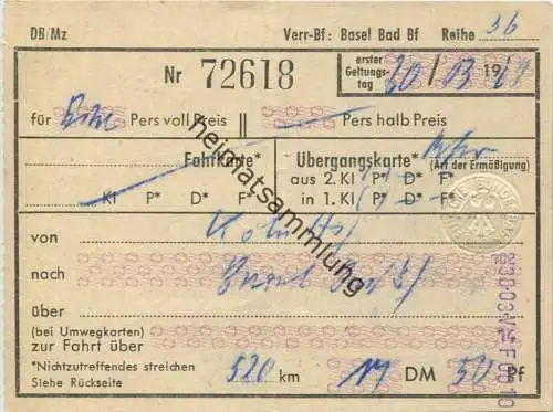 Übergangskarte aus 2. Kl in 1. Kl von Köln nach Basel Bad Bf - DB 1967