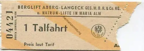 Berglift Aberg-Langeck Ges.m.b.H. & Co. KG. und Natrun-Lifte in Maria Alm - Fahrkarte Talfahrt