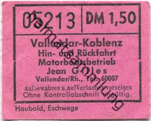 Vallendar-Koblenz - Hin- und Rückfahrt - Motorbootsbetrieb Jean Gilles - Fahrschein DM 1,50