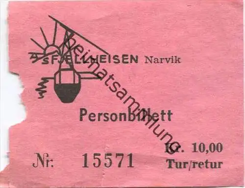 Narvik A/S Fjellheisen - Luftseilbahn - Personbillett - Fahrschein Kr. 10,00