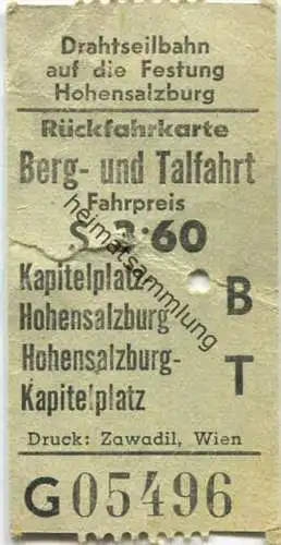 Österreich - Drahtseilbahn auf die Festung Hohensalzburg - Fahrschein Rückfahrkarte Berg- und Talfahrt