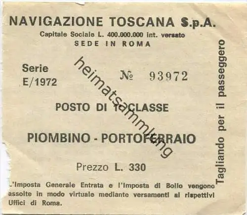Navigazione Toscana S.p.A. - Piombino Portoferraio - Fahrschein 1972 1. Classe L. 330