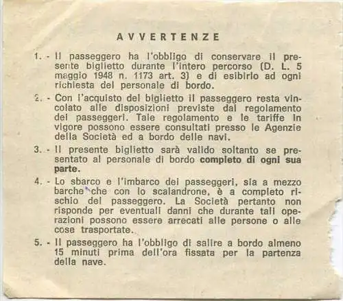 Navigazione Toscana S.p.A. - Piombino Portoferraio - Fahrschein 1972 1. Classe L. 330