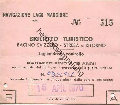 Schweiz - Navigazione Lago Maggiore - Bacino Svizzero Stresa e ritorno - Kinderfahrkarte 1970