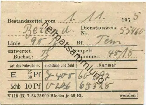 Berlin - BVG - Bestandszettel vom 1.11.1955 - Linie 98 Bahnhof Tempelhof