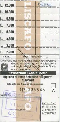 Navigazione Lago di Como - Comer See - Fahrkarte 1995 Lire 12´500