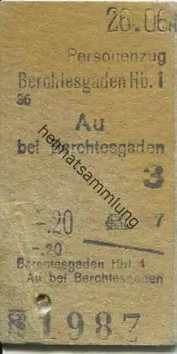 Personenzug - Berchtesgaden Hb - Au bei Berchtesgaden 1936 - Fahrkarte 3. Klasse -.20 RM - Gebrauchsspuren