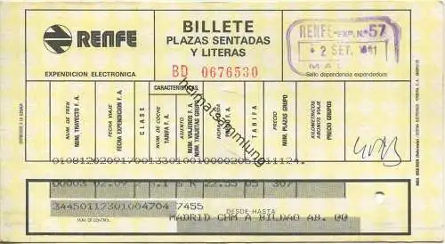 Spanien - Billete plazas sendatas y literas - Platzkarte - RENFE - 1981 Madrid Bilbao