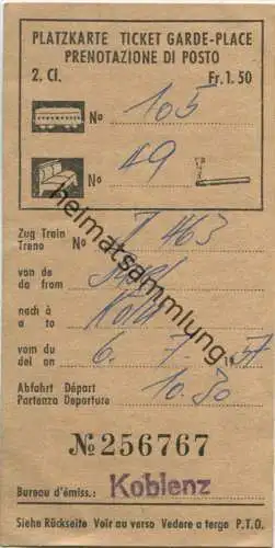 Schweiz - Platzkarte Prenotazione di Posto - 1957 2. Classe - Raucher Fr. 1.50 Basel Köln